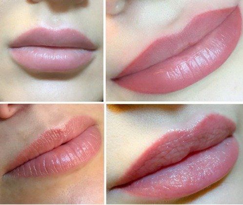 Close-up photos of lips; before and after lip blushing. Subtle, pink lip color.