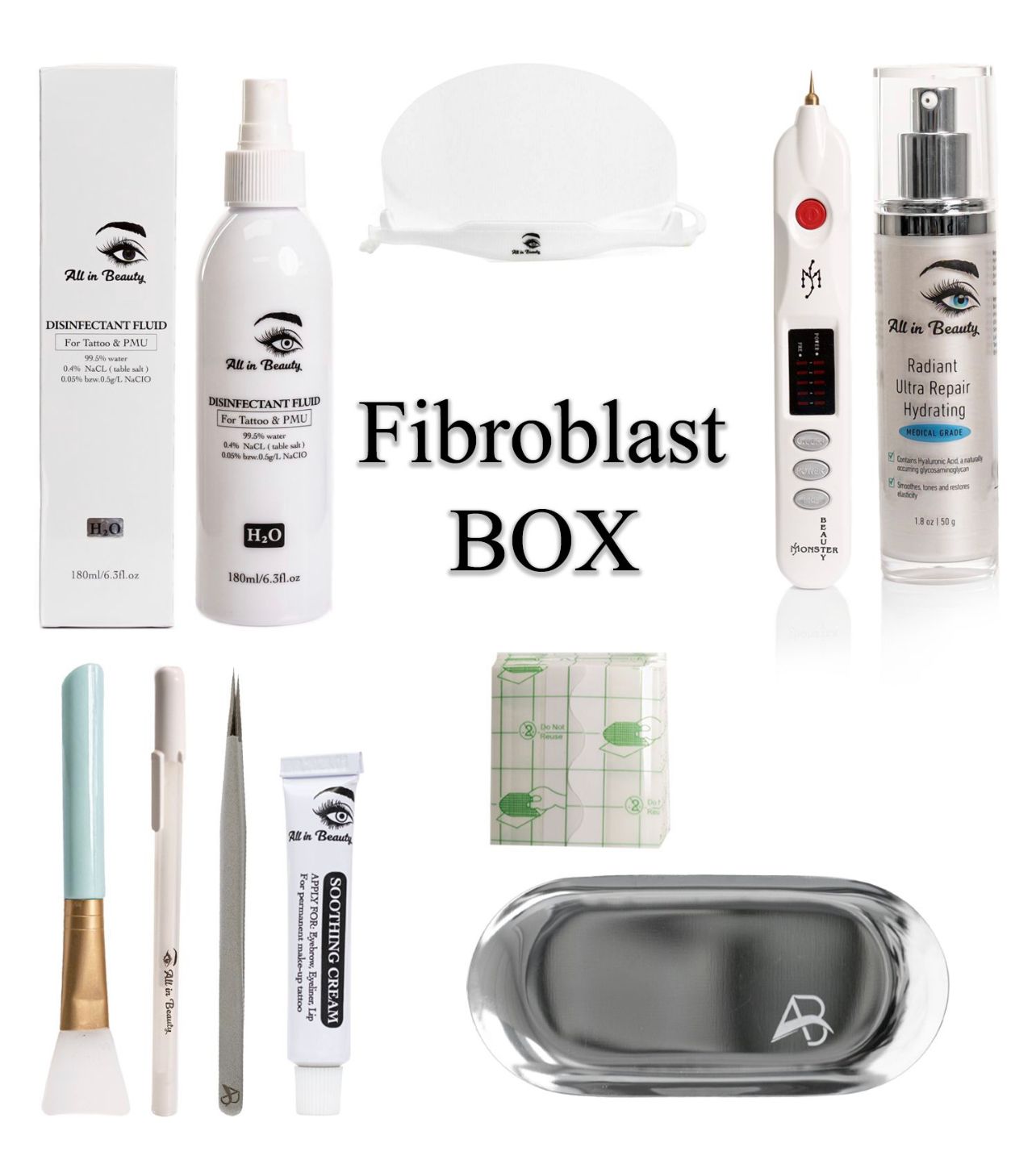 Fibroblast Box with skincare products and tools. White, silver, and turquoise items, including a plasma pen.
