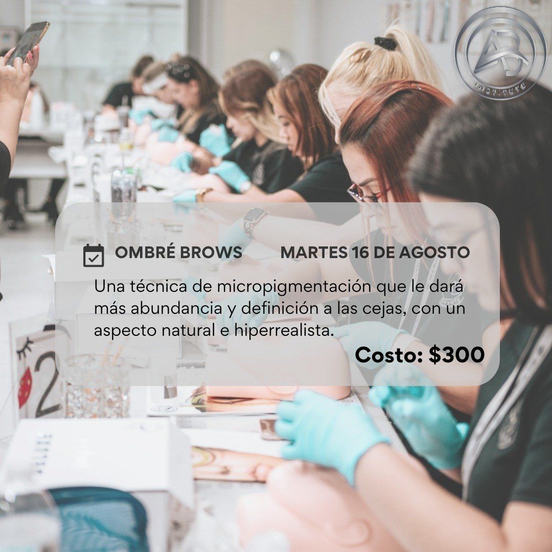 People in a classroom learning ombre brow technique. Text: 