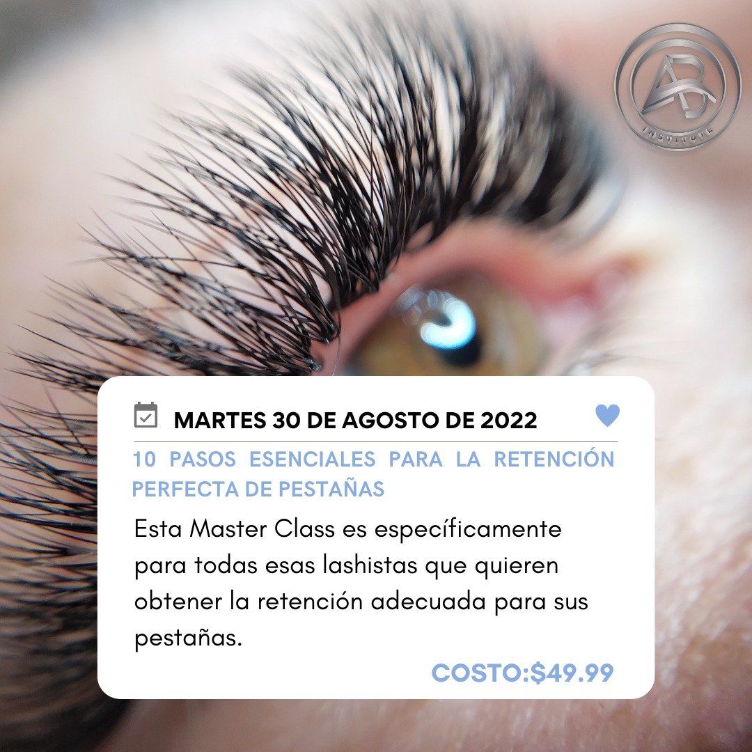 Close-up of eye with long eyelashes, advertisement for a lash retention masterclass on August 30, 2022, costing $49.99.