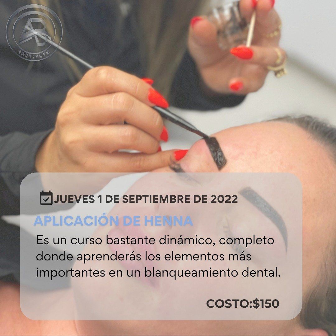 Person's eyebrow getting henna applied during a course. Text says, 
