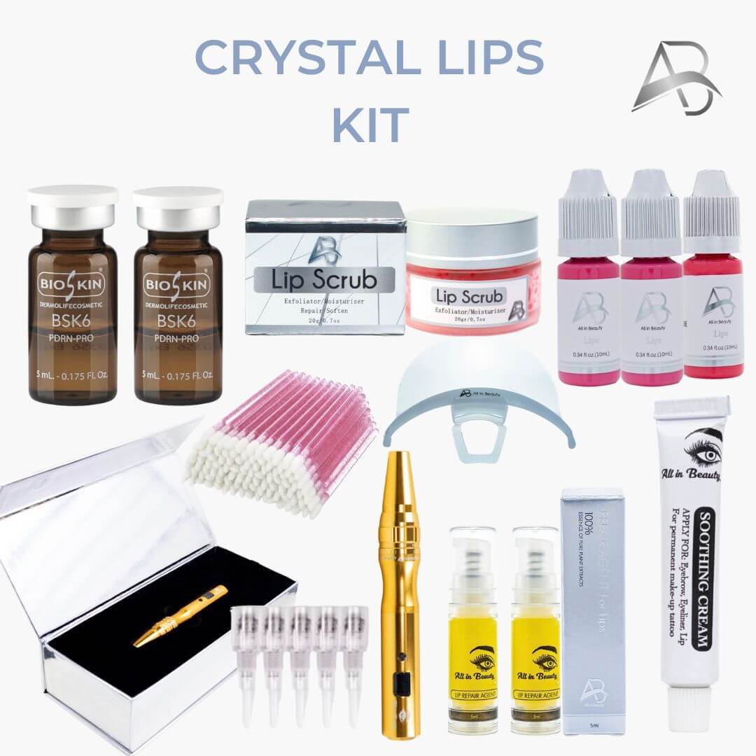 Crystal Lips kit with various lip care products and tools.