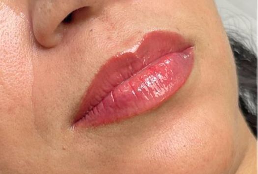 Close-up of a person's lips. The full, glossy lips are a rosy-red color.