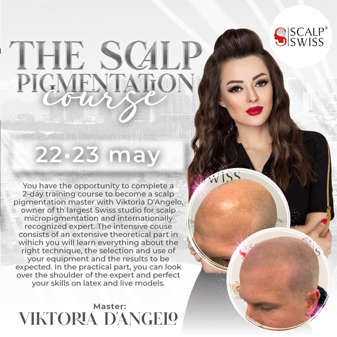 Scalp pigmentation course advertisement with woman, dates, and examples.