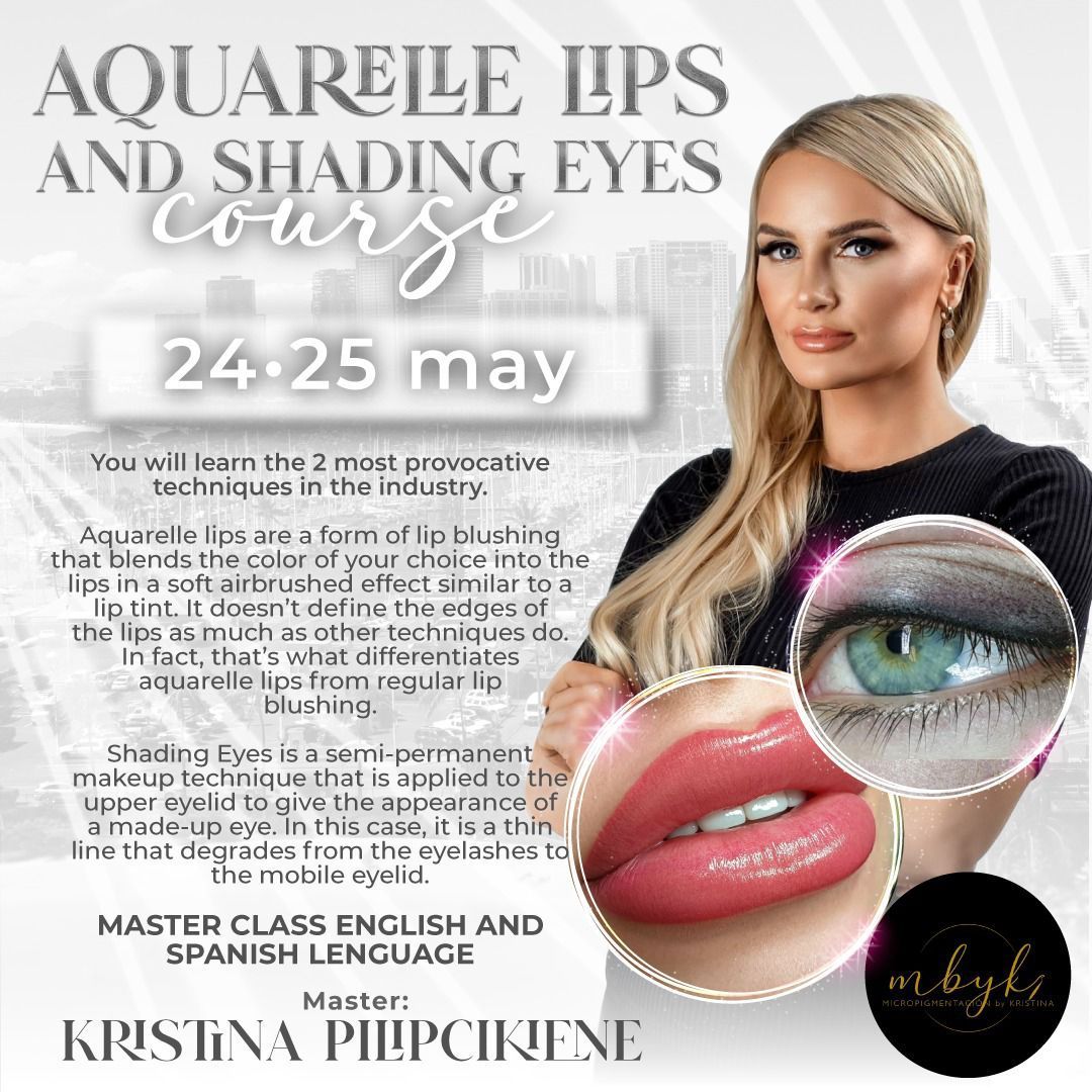 Aquarelle lips and shading eyes course. Woman with course info. May 24-25. English/Spanish master class.