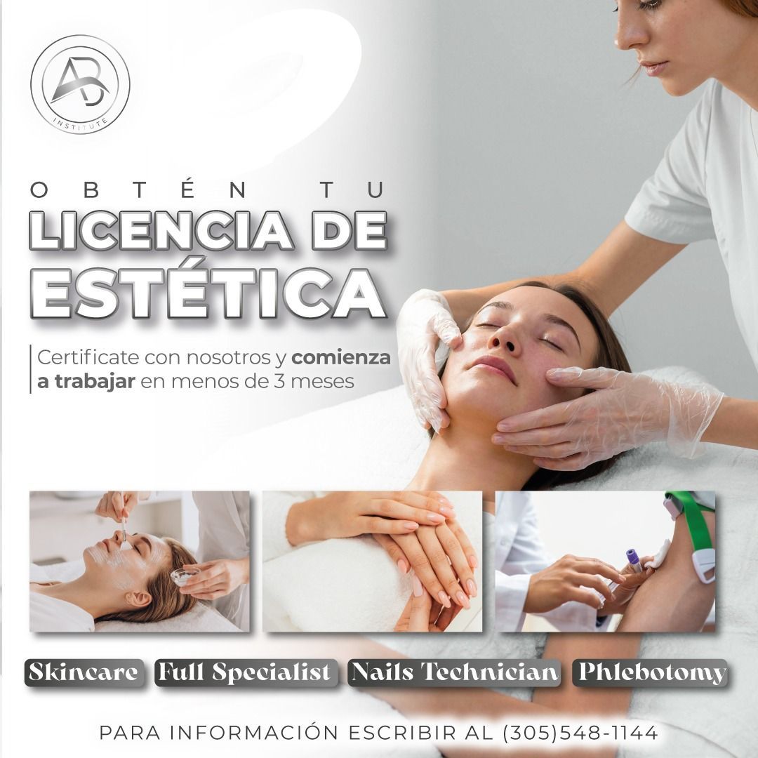 Advertisement for aesthetics license; woman getting a facial, with text,