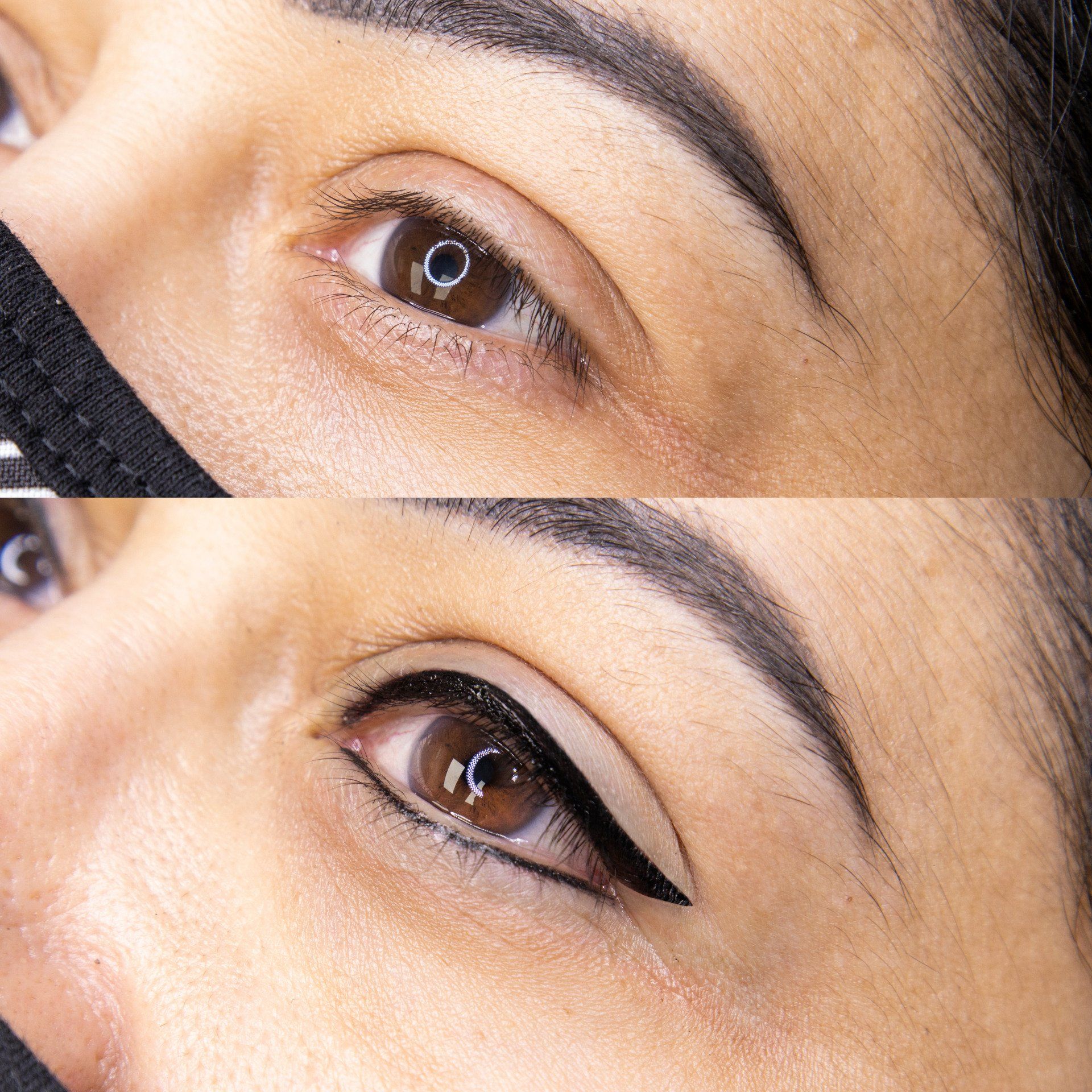 Before and after of eye with eyeliner; upper before, lower with winged black liner.