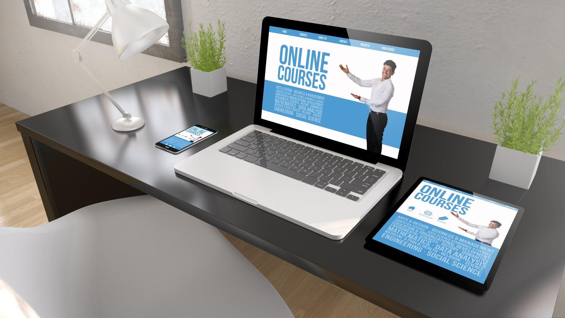 Laptop, tablet, and phone displaying online courses on a desk, near plants and a lamp.