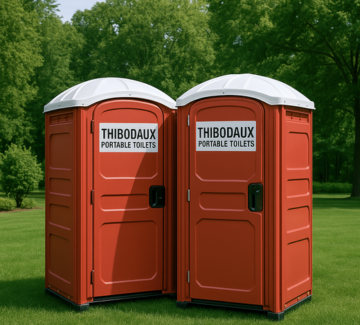 Three red portable toilets are lined up in a row