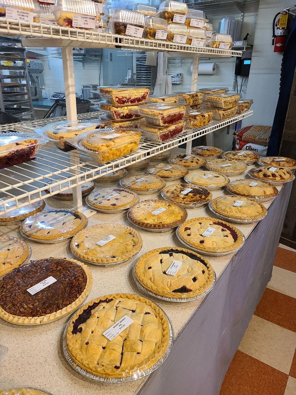 A bunch of pies are sitting on a table in a bakery.