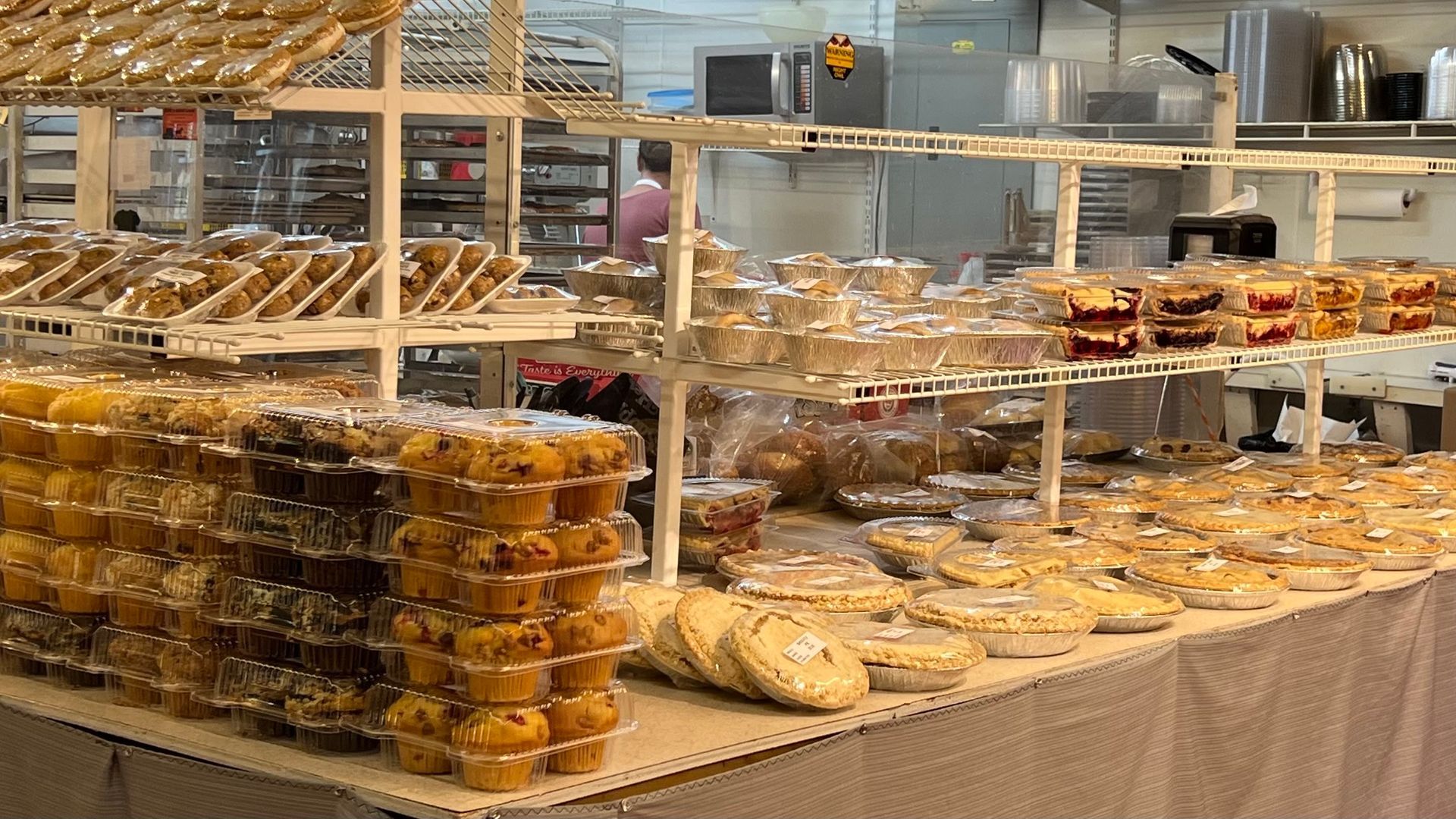 A bakery filled with lots of different types of bread and pastries.