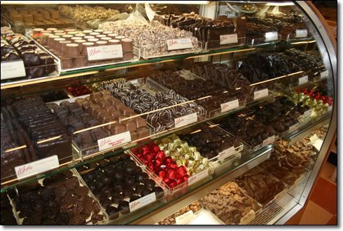 A display case filled with lots of different types of chocolates