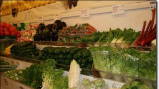 A variety of vegetables are on display in a grocery store.