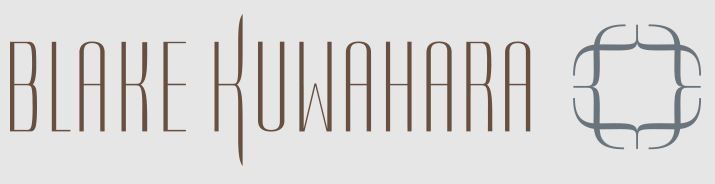 Blake Kuwahara logo in thin brown lettering with a gray abstract geometric icon on a white background