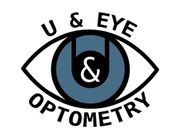 U & Eye Optometry logo with an eye icon and stylized “U & Eye” text in black and blue