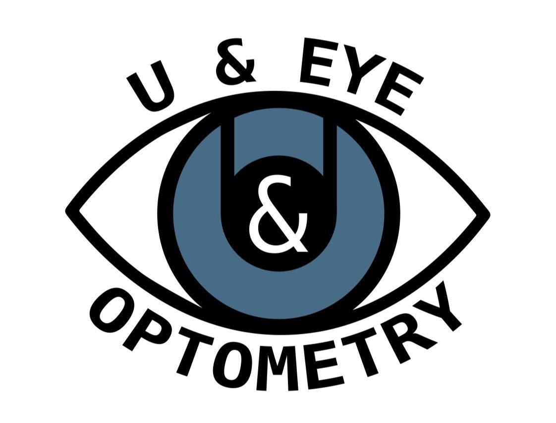 U & Eye Optometry logo with an eye icon and stylized “U & Eye” text in black and blue