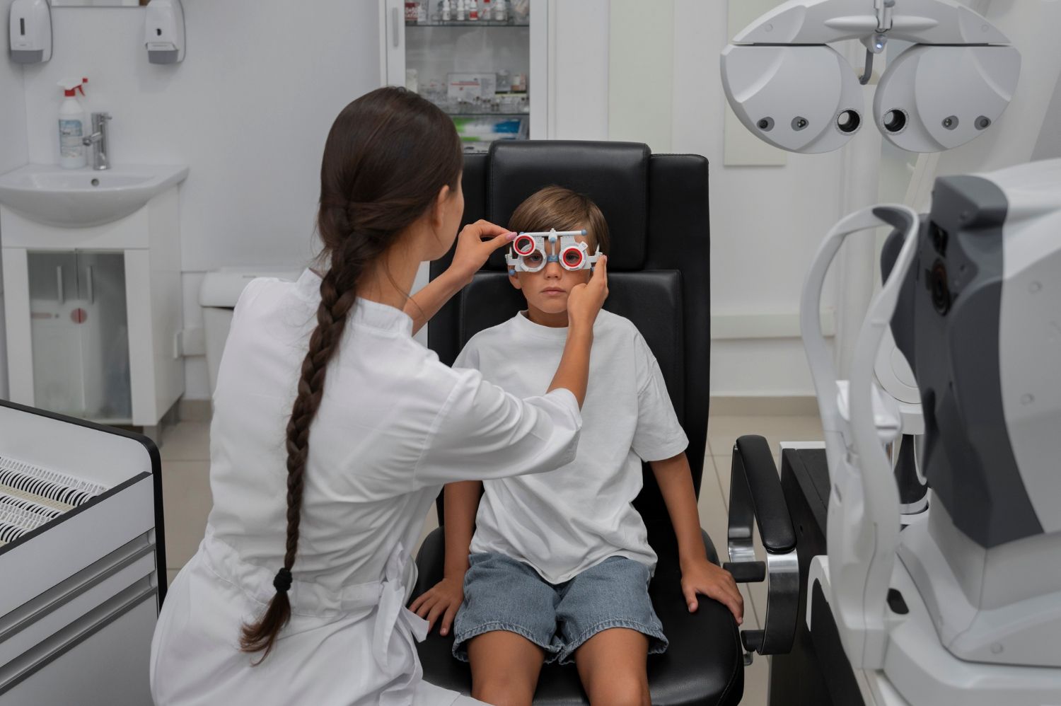 Eye exam with doctor and patient at a slit lamp in a bright clinic