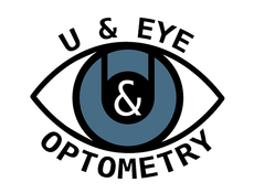 Black-and-blue eye logo with “U & Eye Optometry” text around it