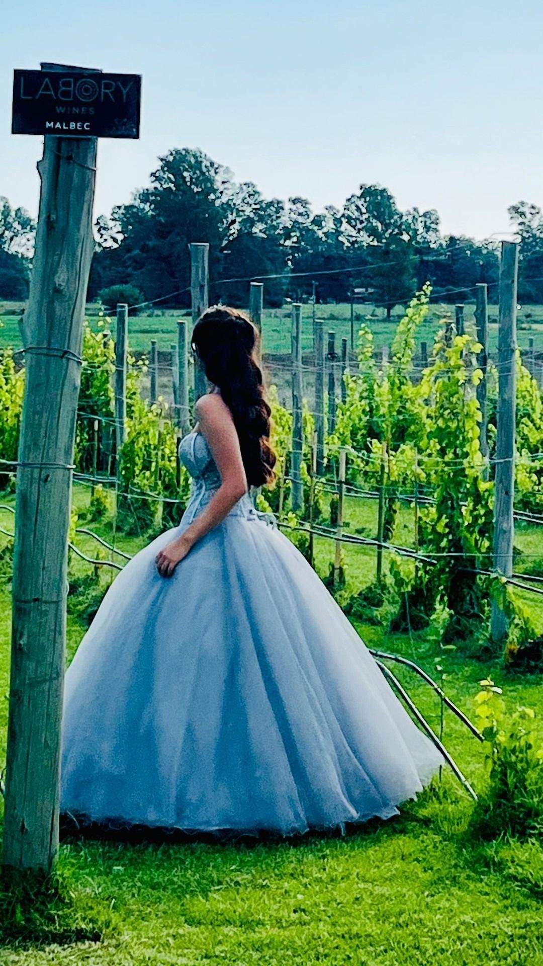 Mujer con un vestido de gala blanco de pie en un jardín con postes de madera y exuberante vegetación.