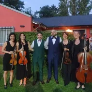 Seis músicos vestidos de etiqueta en negro y verde posan con instrumentos de cuerda al aire libre al atardecer.
