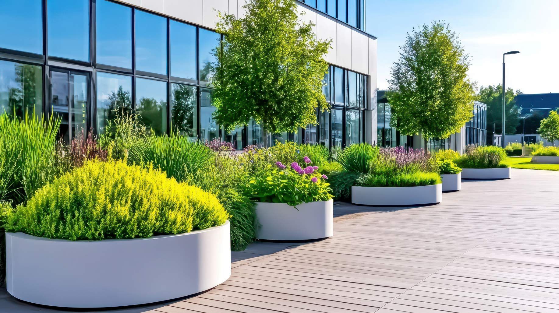 Planter boxes with flowers and shrubs outside a modern building with large glass windows.