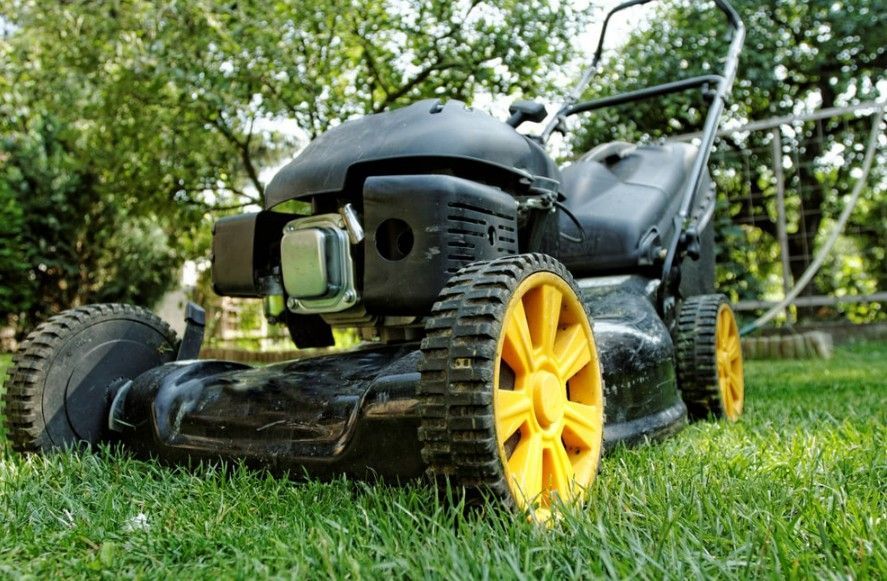 Black and yellow lawnmower on green grass in a yard. Black and yellow lawnmower on green grass in a yard.