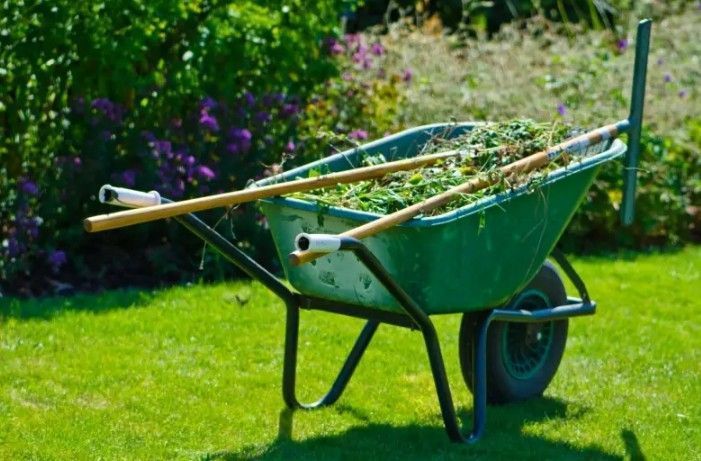 Green wheelbarrow filled with yard waste, with a rake and a broom on a lawn.