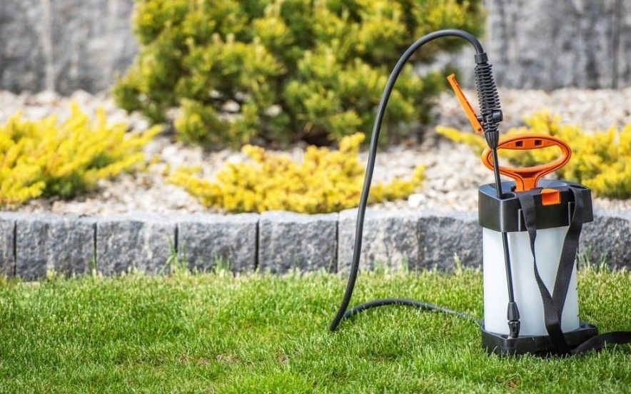 Manual sprayer on green grass in front of landscaped garden with shrubs and a stone border. Manual sprayer on green grass in front of landscaped garden with shrubs and a stone border.