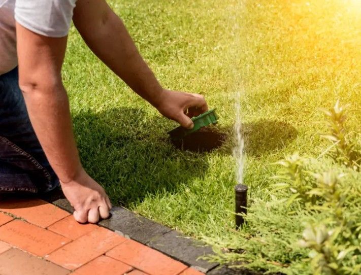 Man kneeling, adjusting a lawn sprinkler in a green yard near a brick border. Sunlight is present. Man kneeling, adjusting a lawn sprinkler in a green yard near a brick border. Sunlight is present.