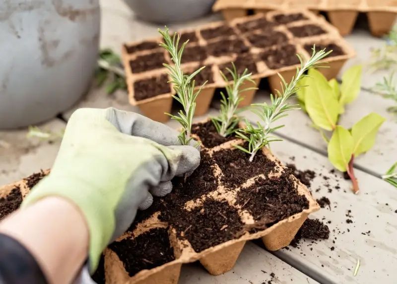 A person in a glove transplants rosemary cuttings into a seedling tray filled with soil. A person in a glove transplants rosemary cuttings into a seedling tray filled with soil.