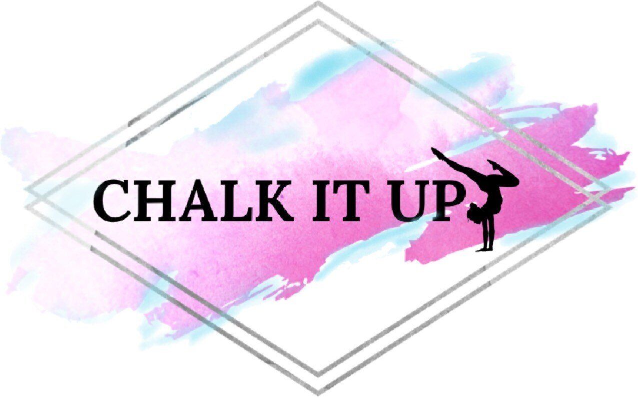 A logo featuring the text "CHALK IT UP" with a gymnast silhouette on a pink and blue watercolor background inside a frame.