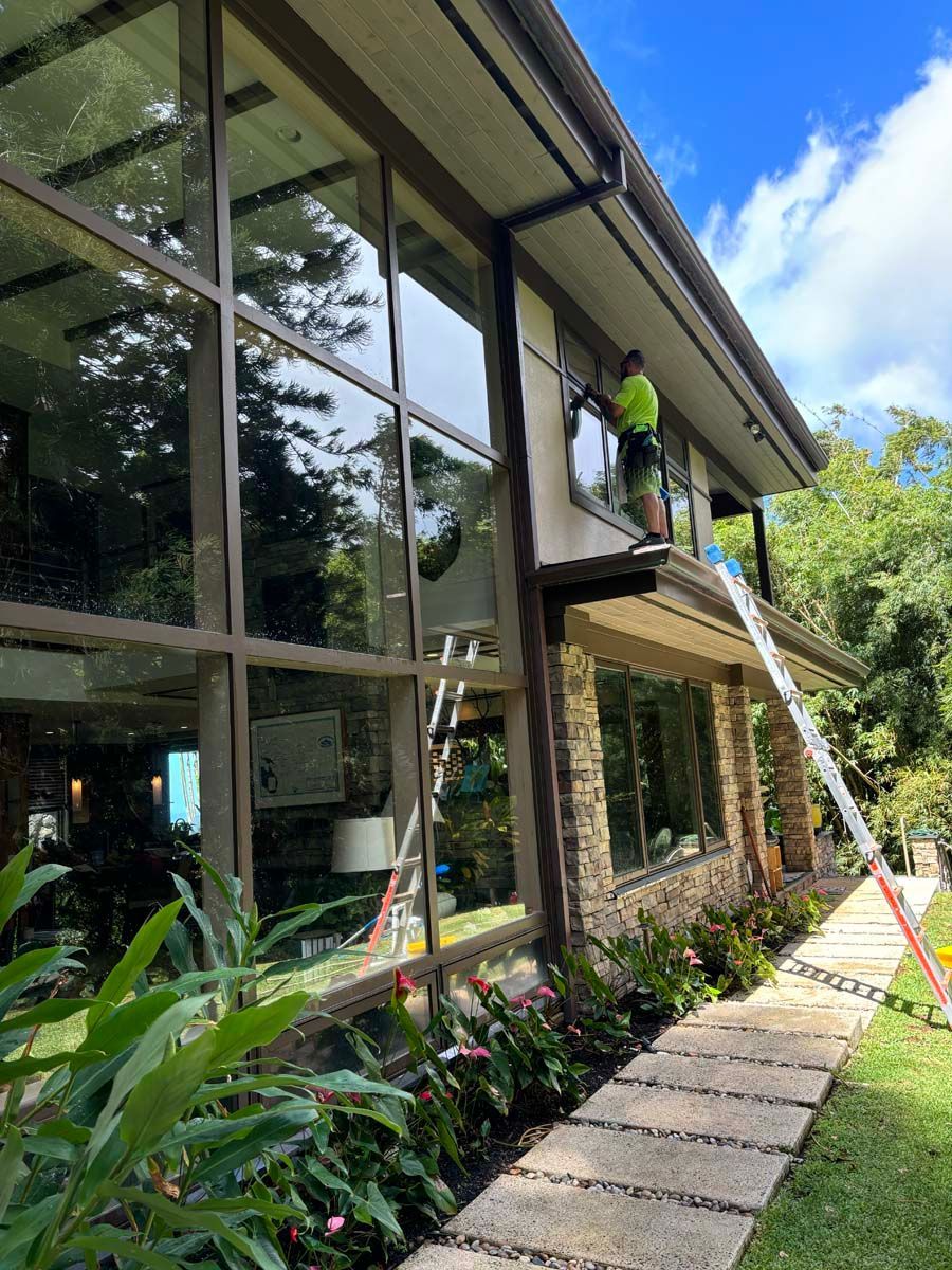 A man is cleaning the windows of a house with a ladder.