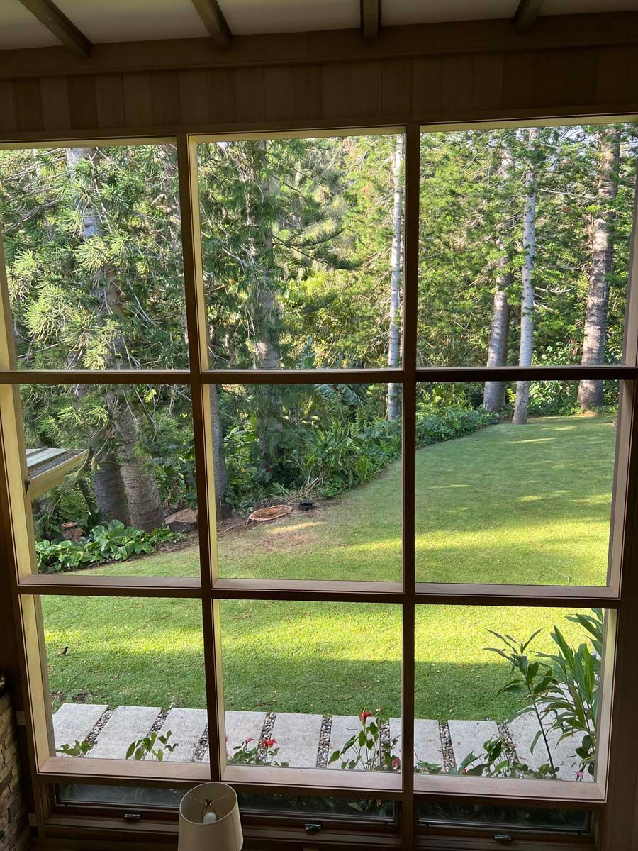 A man is cleaning the windows of a house with a ladder.