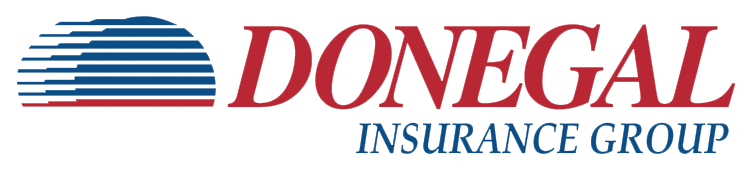 Logo for Donegal Insurance Group, featuring a blue abstract semi-circle icon next to red text reading