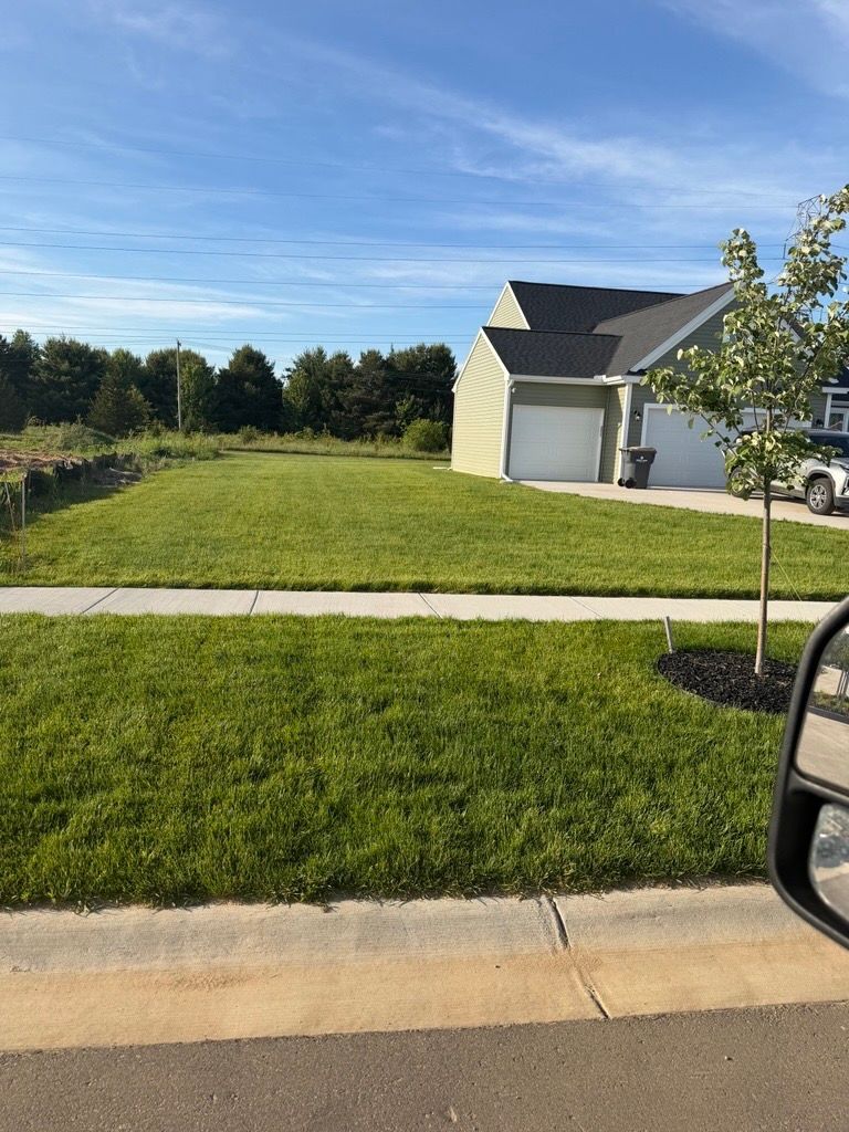 Suburban house with a green lawn, driveway, and clear blue sky on a sunny day