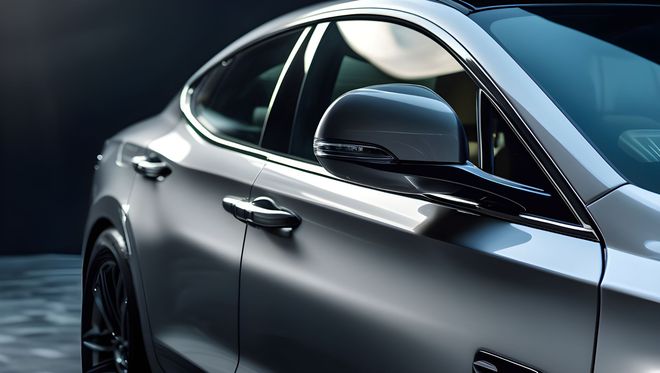 Side windows and mirror of a silver sedan
