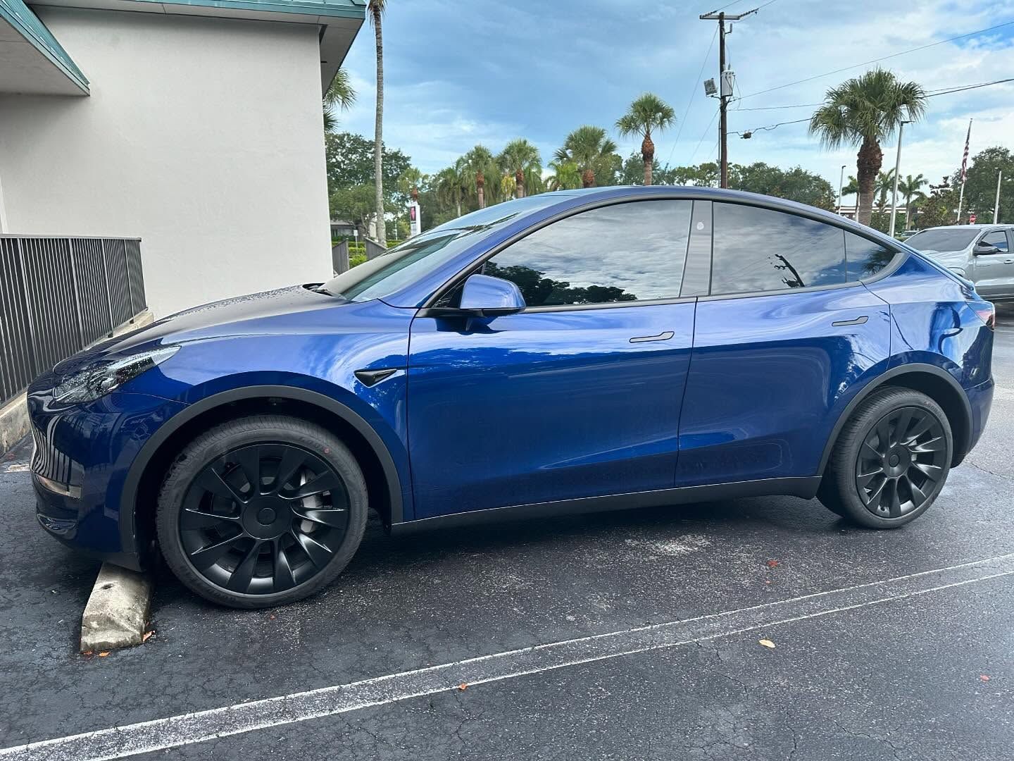 Blue Tesla SUV with dark side windows and black wheels, shown in profile.