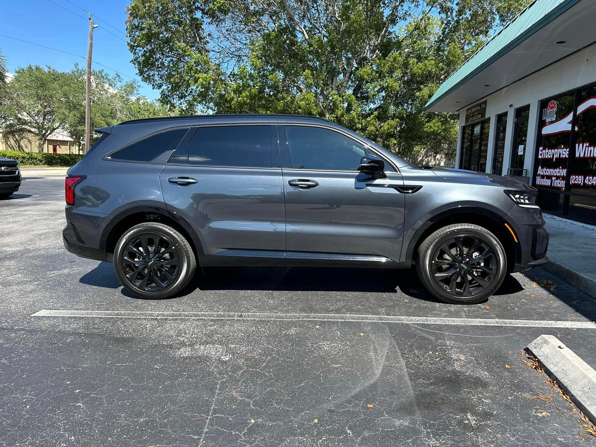 Gray Kia SUV with dark side windows and black wheels, shown in profile.
