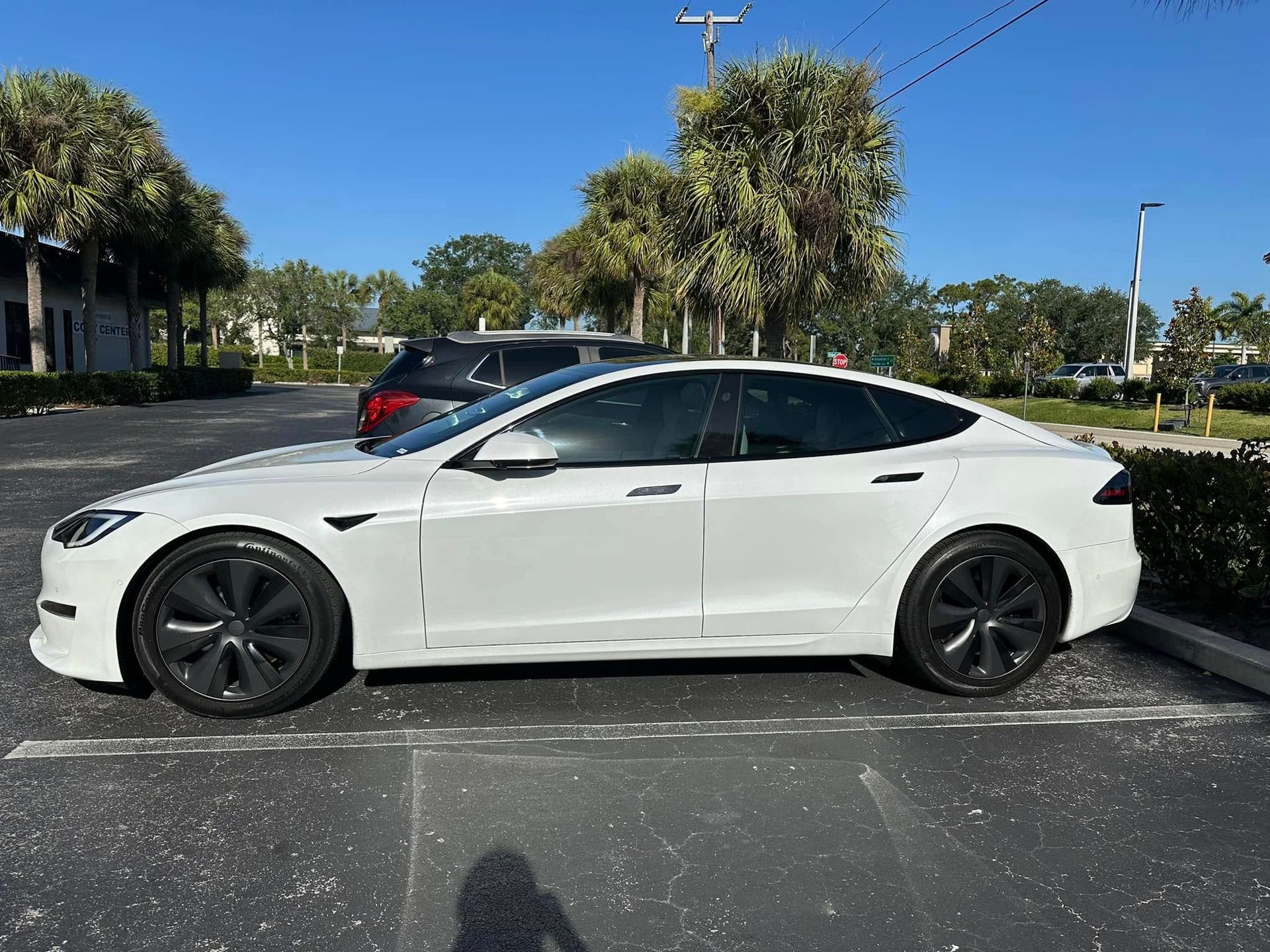 White Tesla sedan with dark side windows and black wheels, shown in profile.