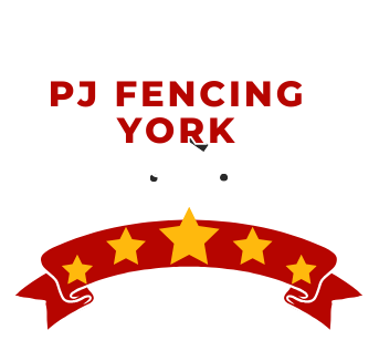 A logo for pj fencing york with a red ribbon and stars