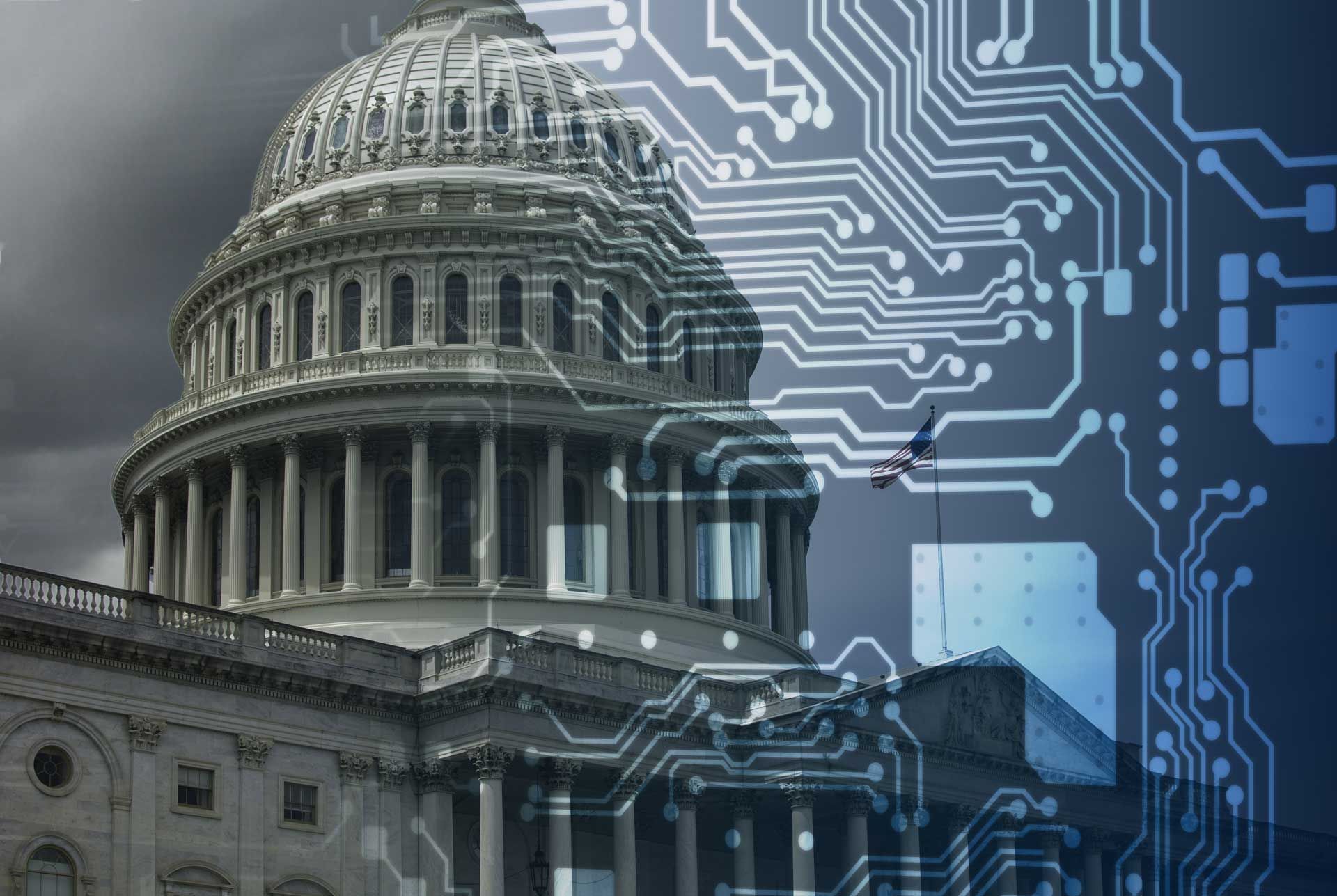 A picture of the capitol building with a circuit board in the background.