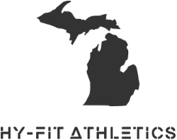 A black and white logo for hy-fit athletics with a map of michigan