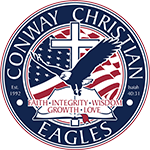 Conway Christian Eagles circular school logo with eagle, cross, and American flag elements