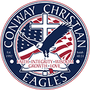 Conway Christian Eagles circular school logo with eagle, cross, and American flag elements