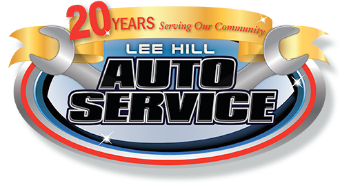 A logo for lee hill auto service with a wrench and ribbon