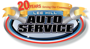 A logo for lee hill auto service with a wrench and ribbon