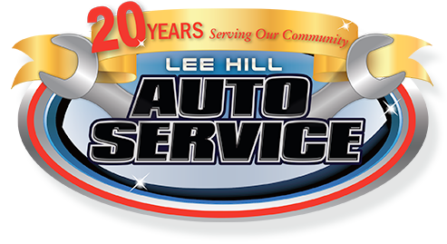 The logo for lee hill auto service shows a wrench and a ribbon.