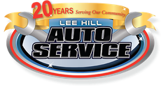 The logo for lee hill auto service shows a wrench and a ribbon.