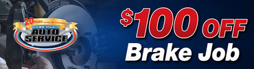 $109.99 oil change and tire rotation service ad with engine and service logo, blue background