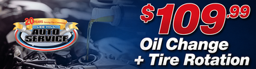 $109.99 oil change and tire rotation service ad with engine and service logo, blue background